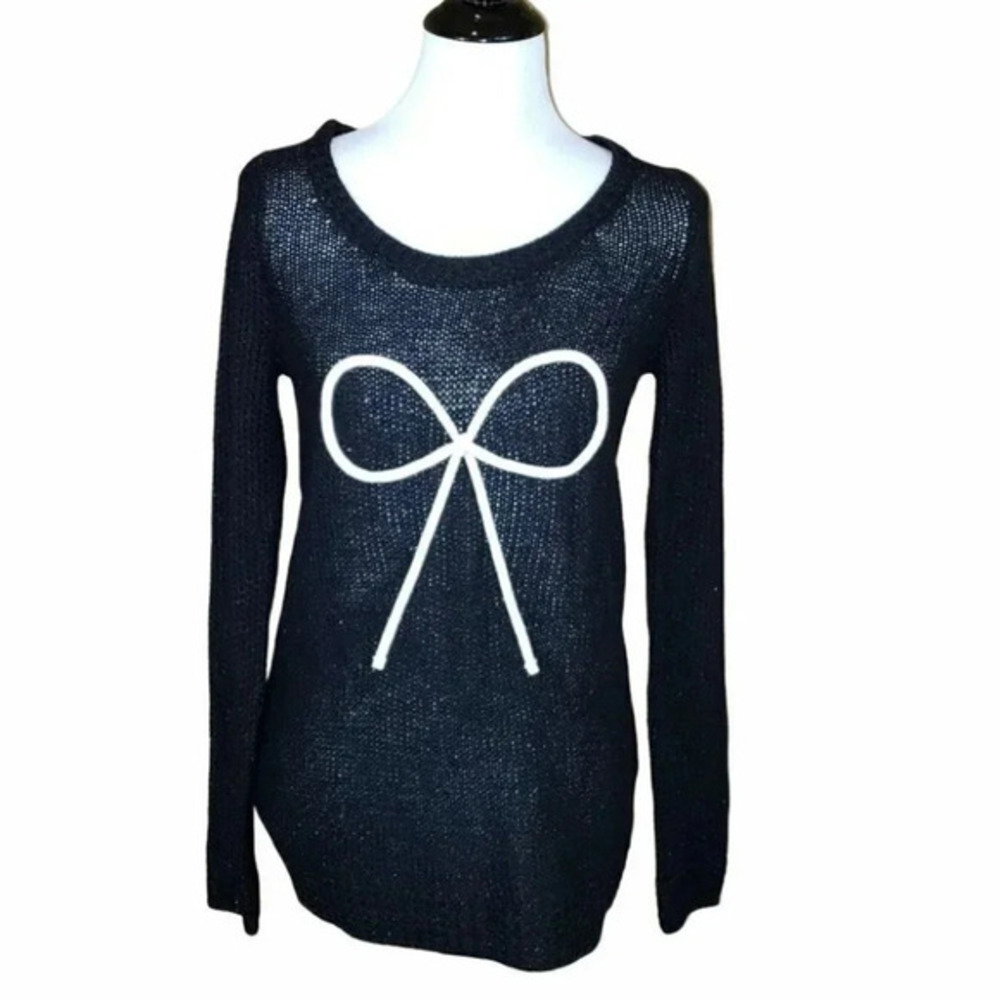 LC Lauren Conrad Sweater XS Black‎ Silver Metallic Bow Graphic Scoop Neck Knit